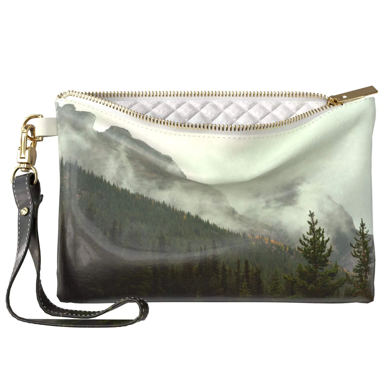 Makeup Bag 9.5 x 6 inch Foggy Green New Cosmetic Print PU Leather Toiletry Zipper Travel Case Forest Strap Accessories Purse Pouch Nature Mountain Storage Mist Portable Organizer Design Luxury
