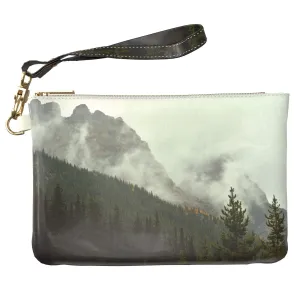 Makeup Bag 9.5 x 6 inch Foggy Green New Cosmetic Print PU Leather Toiletry Zipper Travel Case Forest Strap Accessories Purse Pouch Nature Mountain Storage Mist Portable Organizer Design Luxury