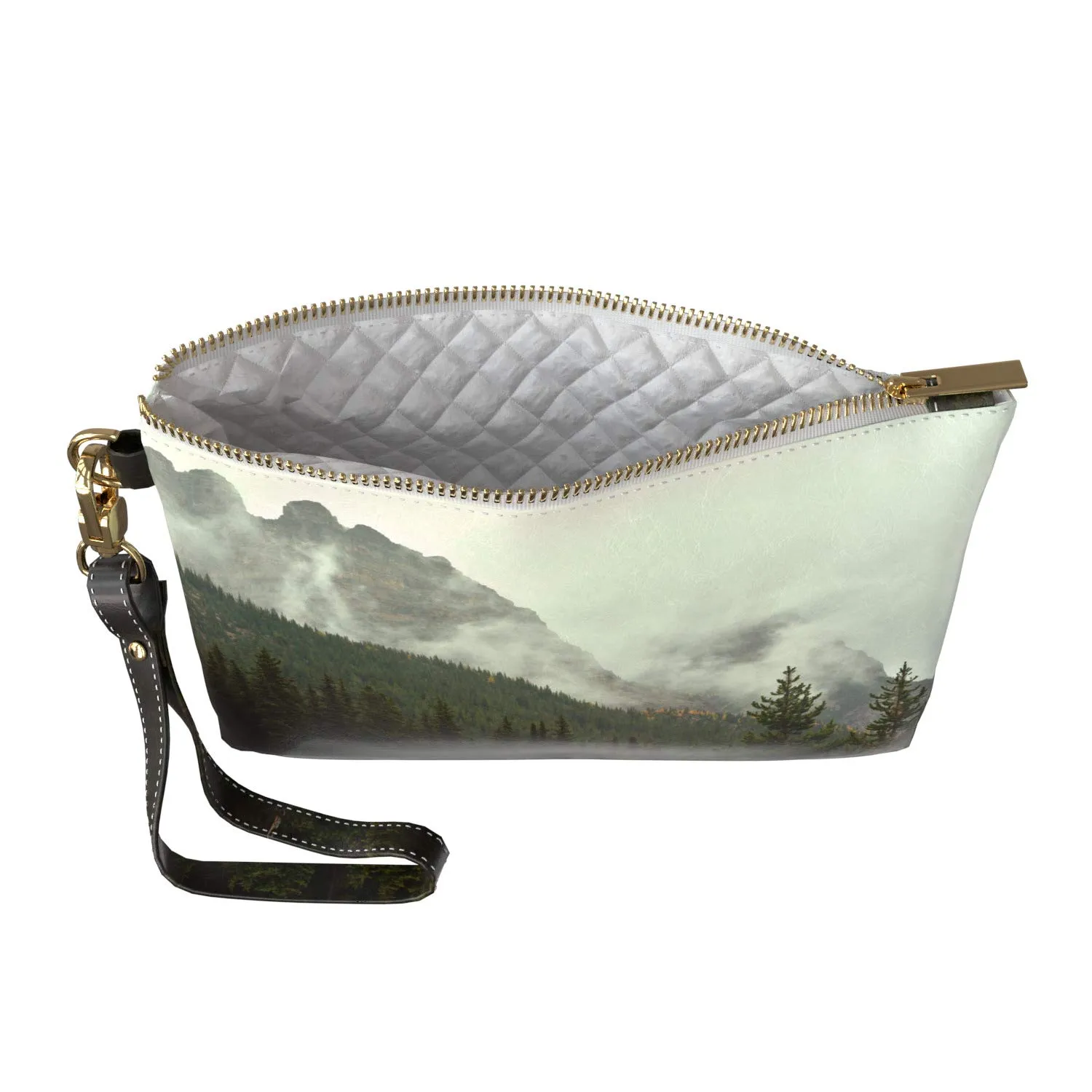 Makeup Bag 9.5 x 6 inch Foggy Green New Cosmetic Print PU Leather Toiletry Zipper Travel Case Forest Strap Accessories Purse Pouch Nature Mountain Storage Mist Portable Organizer Design Luxury