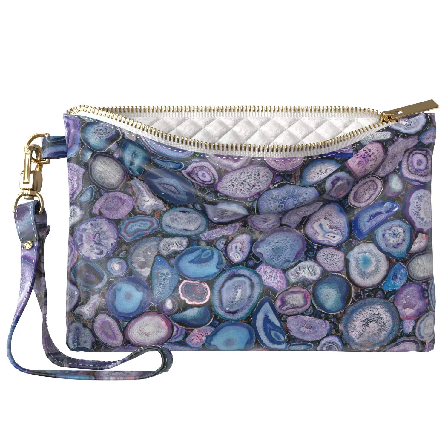 Makeup Bag 9.5 x 6 inch Glam Crystal Mineral Texture Marble Storage Portable Organizer Design Cosmetic Agate Purse Pouch Strap Accessories Purple Print PU Leather Toiletry Zipper Travel Case