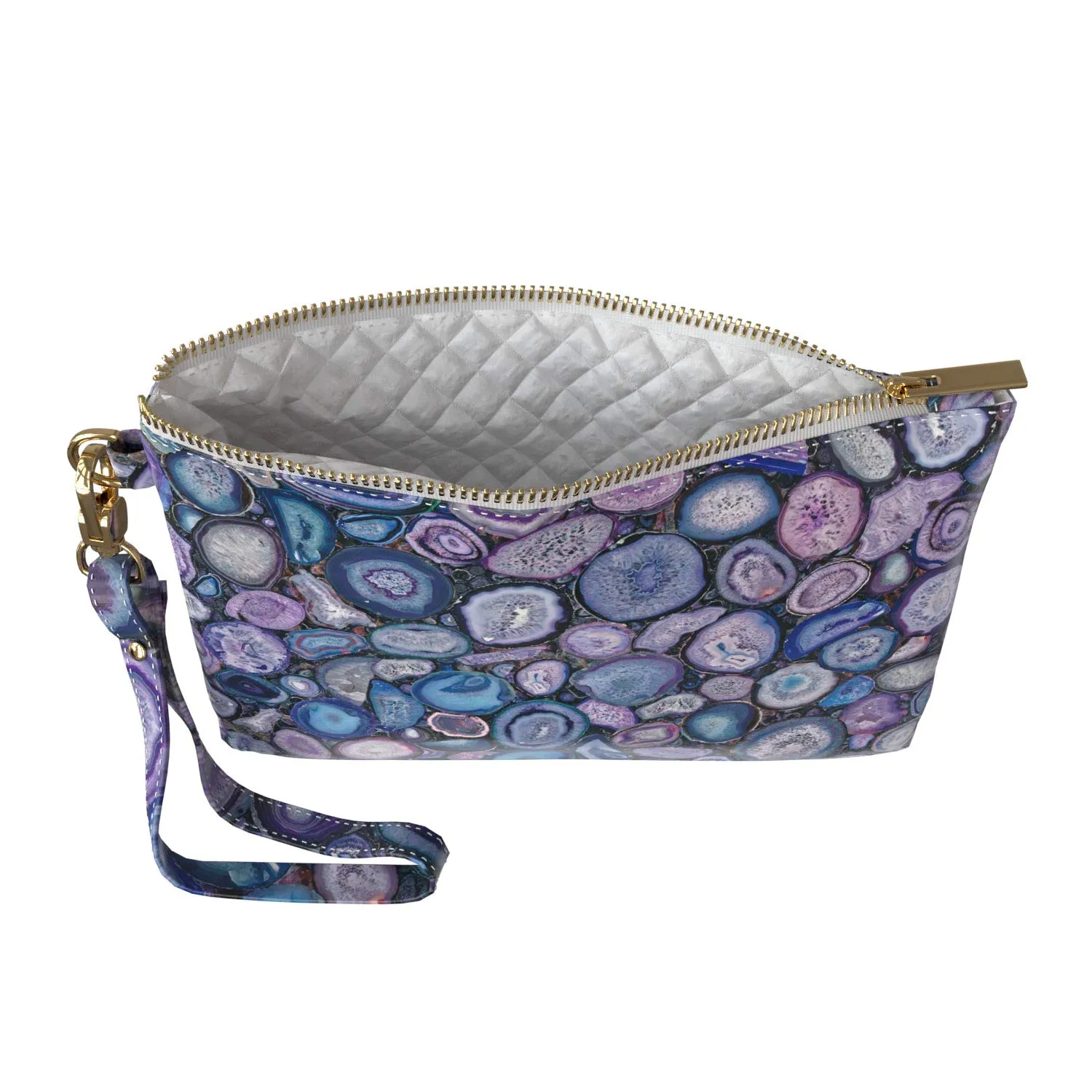 Makeup Bag 9.5 x 6 inch Glam Crystal Mineral Texture Marble Storage Portable Organizer Design Cosmetic Agate Purse Pouch Strap Accessories Purple Print PU Leather Toiletry Zipper Travel Case