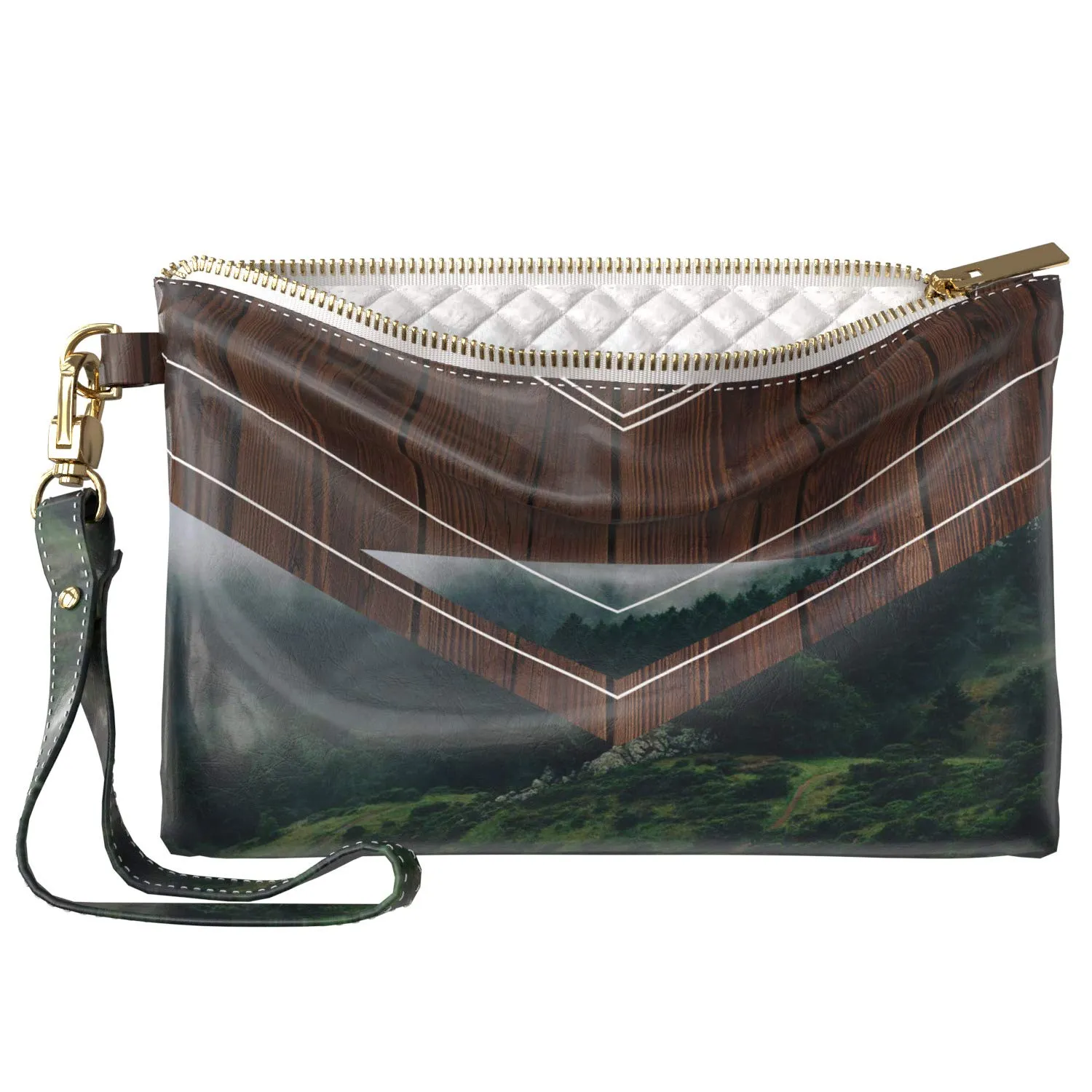 Makeup Bag 9.5 x 6 inch Nature Print PU Leather Toiletry Zipper Travel Case Trees Decor Portable Organizer Design Geometric Wood Forest Unique Purse Pouch Strap Accessories Storage Cosmetic