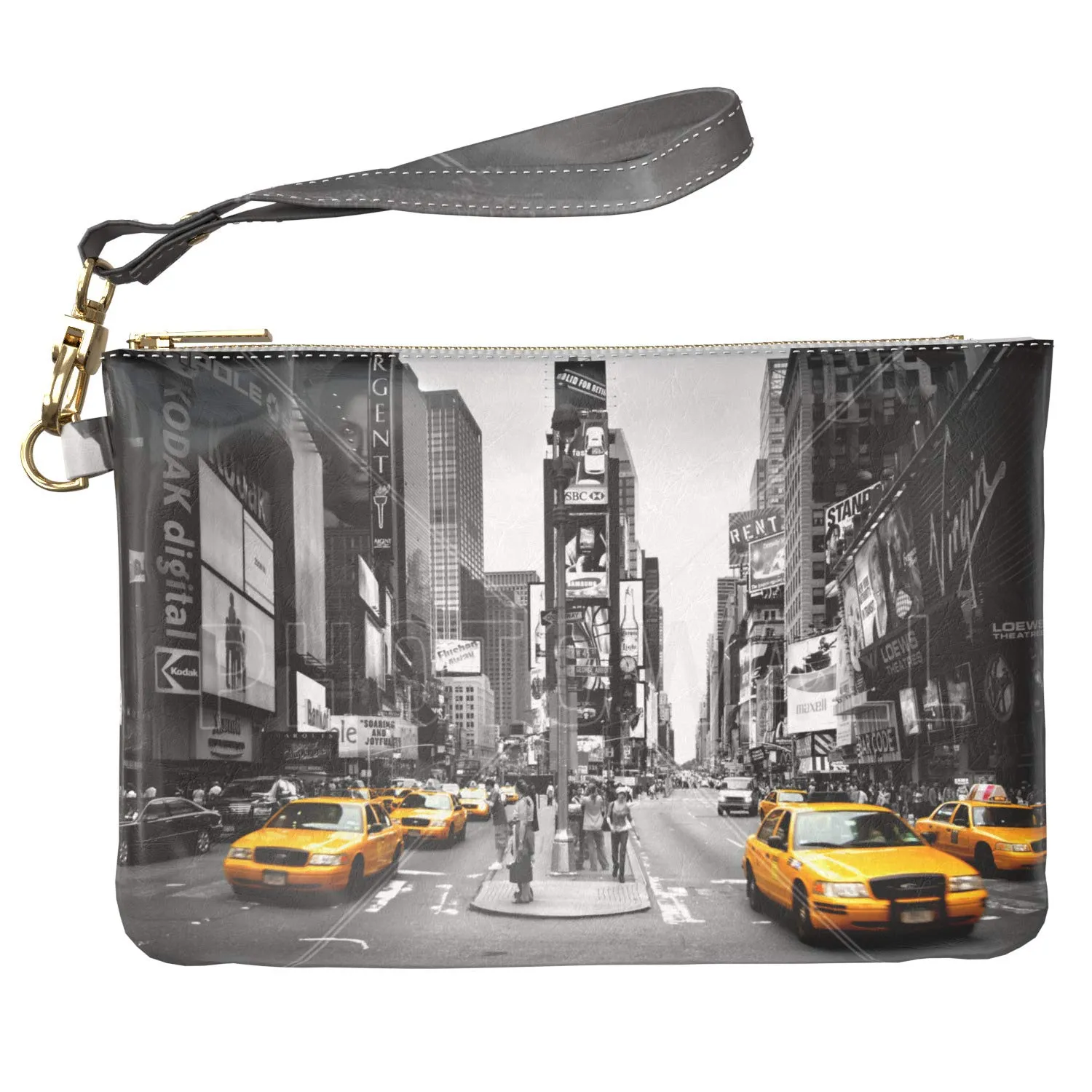Makeup Bag 9.5 x 6 inch New York City Print PU Leather Toiletry Zipper Travel Case Times Square Street Nightlife Purse Pouch Cosmetic Portable Organizer Design Cool Storage Strap Accessories