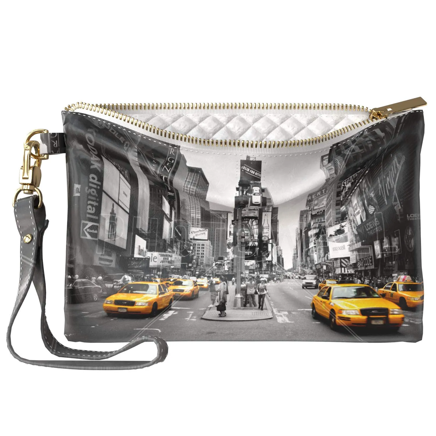 Makeup Bag 9.5 x 6 inch New York City Print PU Leather Toiletry Zipper Travel Case Times Square Street Nightlife Purse Pouch Cosmetic Portable Organizer Design Cool Storage Strap Accessories