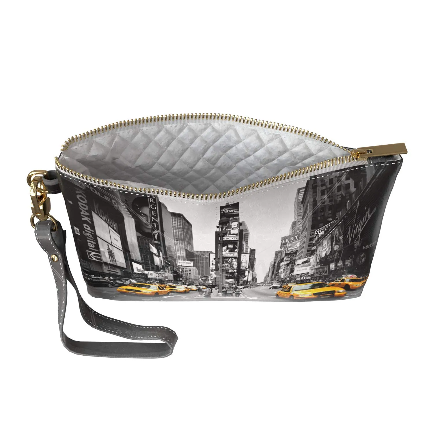 Makeup Bag 9.5 x 6 inch New York City Print PU Leather Toiletry Zipper Travel Case Times Square Street Nightlife Purse Pouch Cosmetic Portable Organizer Design Cool Storage Strap Accessories