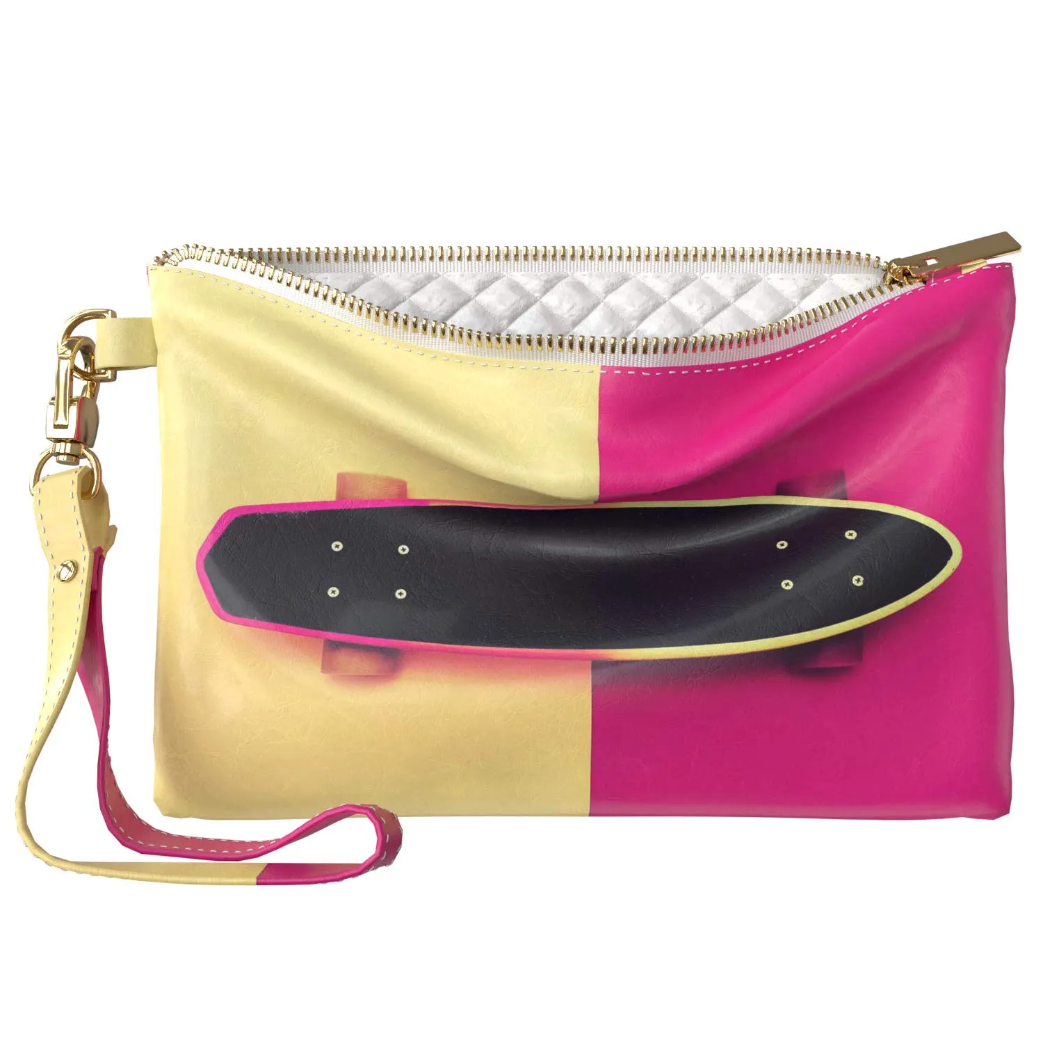Makeup Bag 9.5 x 6 inch Pink Deck Cute Storage Print PU Leather Toiletry Zipper Travel Case Yellow Strap Accessories Portable Organizer Design Skateboard Especial Cosmetic Purse Pouch Sport