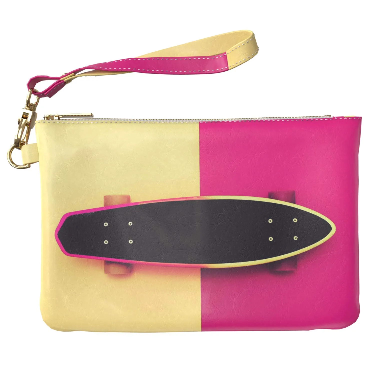 Makeup Bag 9.5 x 6 inch Pink Deck Cute Storage Print PU Leather Toiletry Zipper Travel Case Yellow Strap Accessories Portable Organizer Design Skateboard Especial Cosmetic Purse Pouch Sport