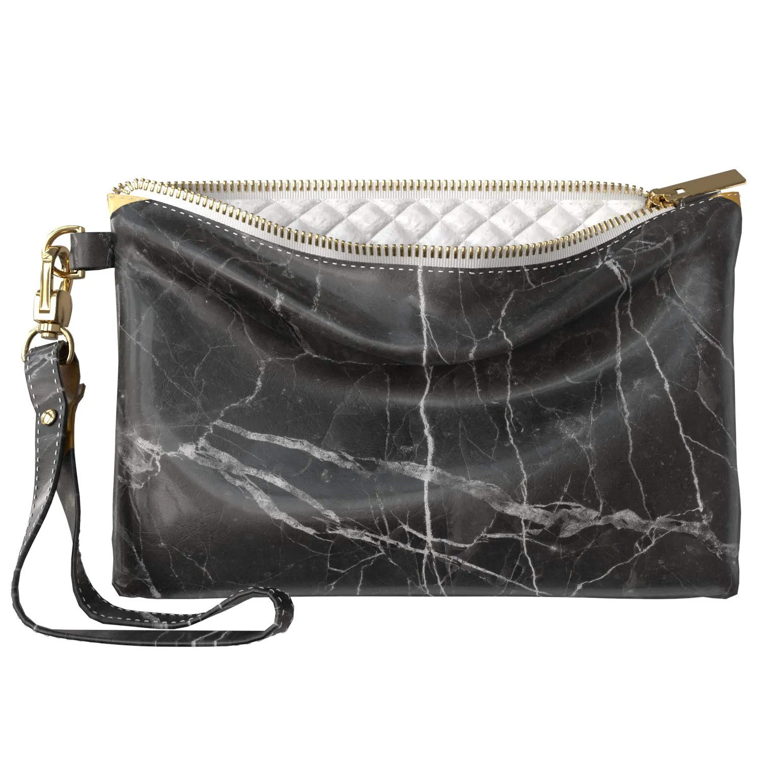 Makeup Bag 9.5 x 6 inch Portable Organizer Design Storage Purse Pouch Gold Granite Luxury Stone Strap Accessories Corners New Cosmetic Print PU Leather Toiletry Zipper Travel Case Marble Black