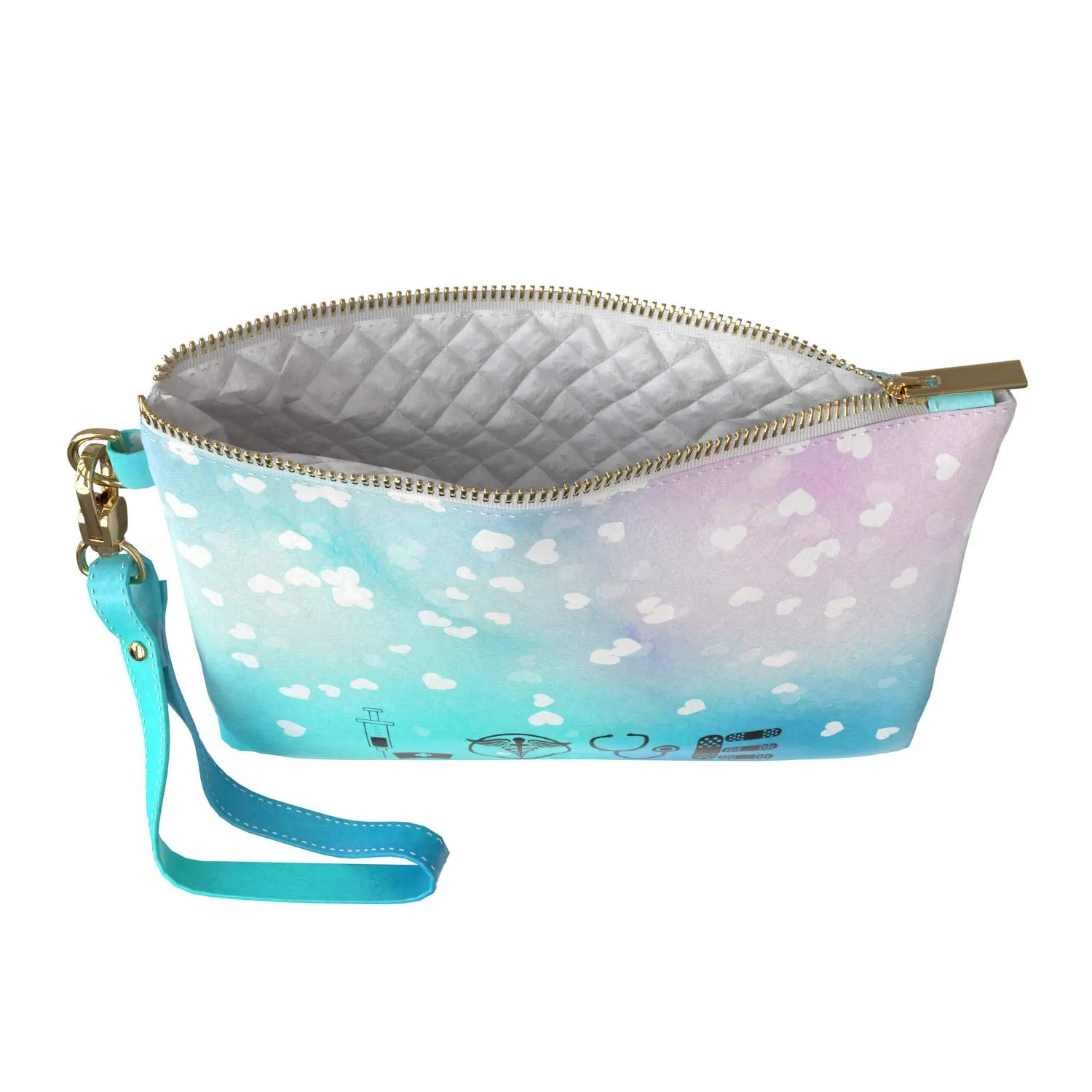 Makeup Bag 9.5 x 6 inch Storage Especial Cosmetic Blue Medicine Quote Strap Accessories Heart Print PU Leather Toiletry Zipper Travel Case Portable Organizer Design Purse Pouch Pattern Love