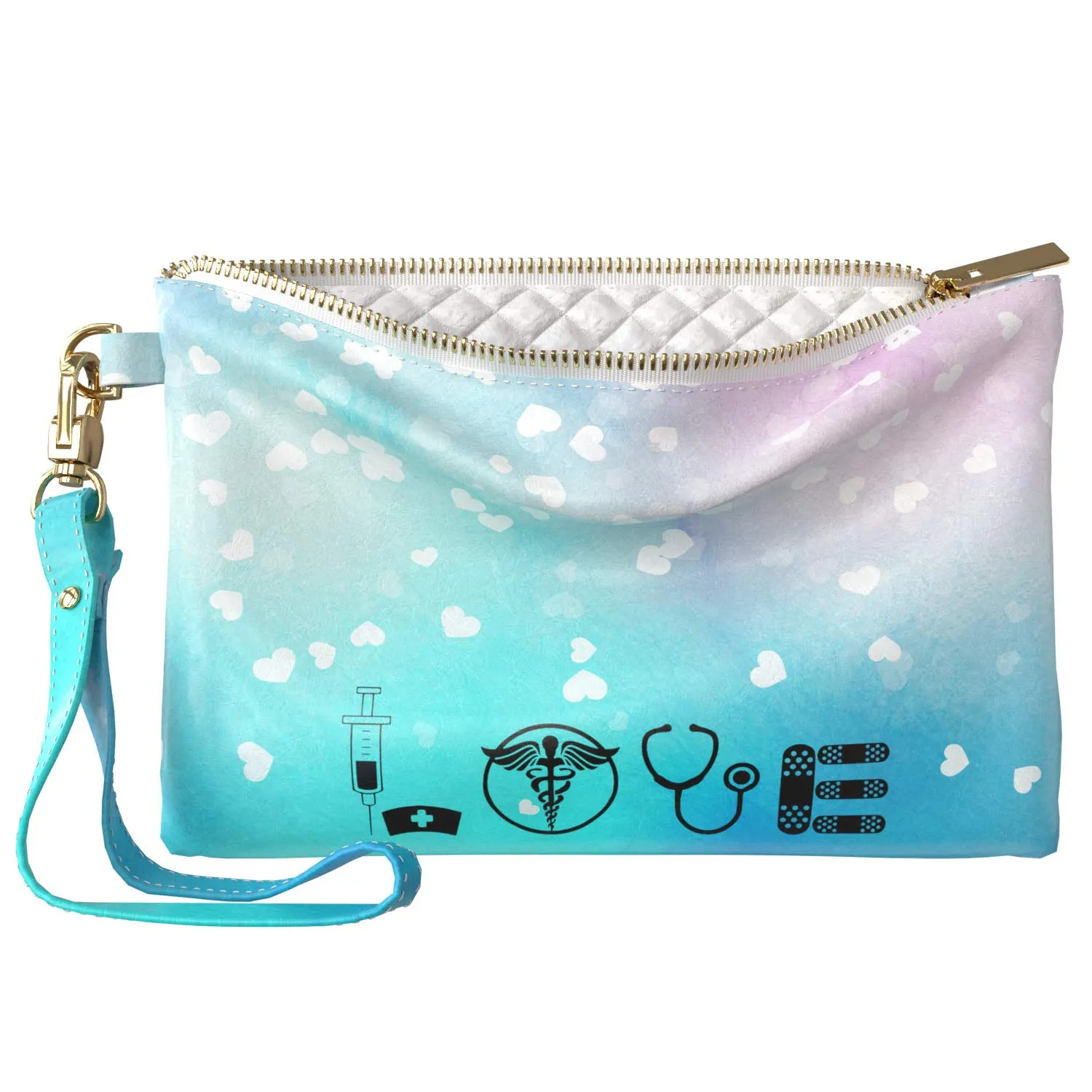 Makeup Bag 9.5 x 6 inch Storage Especial Cosmetic Blue Medicine Quote Strap Accessories Heart Print PU Leather Toiletry Zipper Travel Case Portable Organizer Design Purse Pouch Pattern Love
