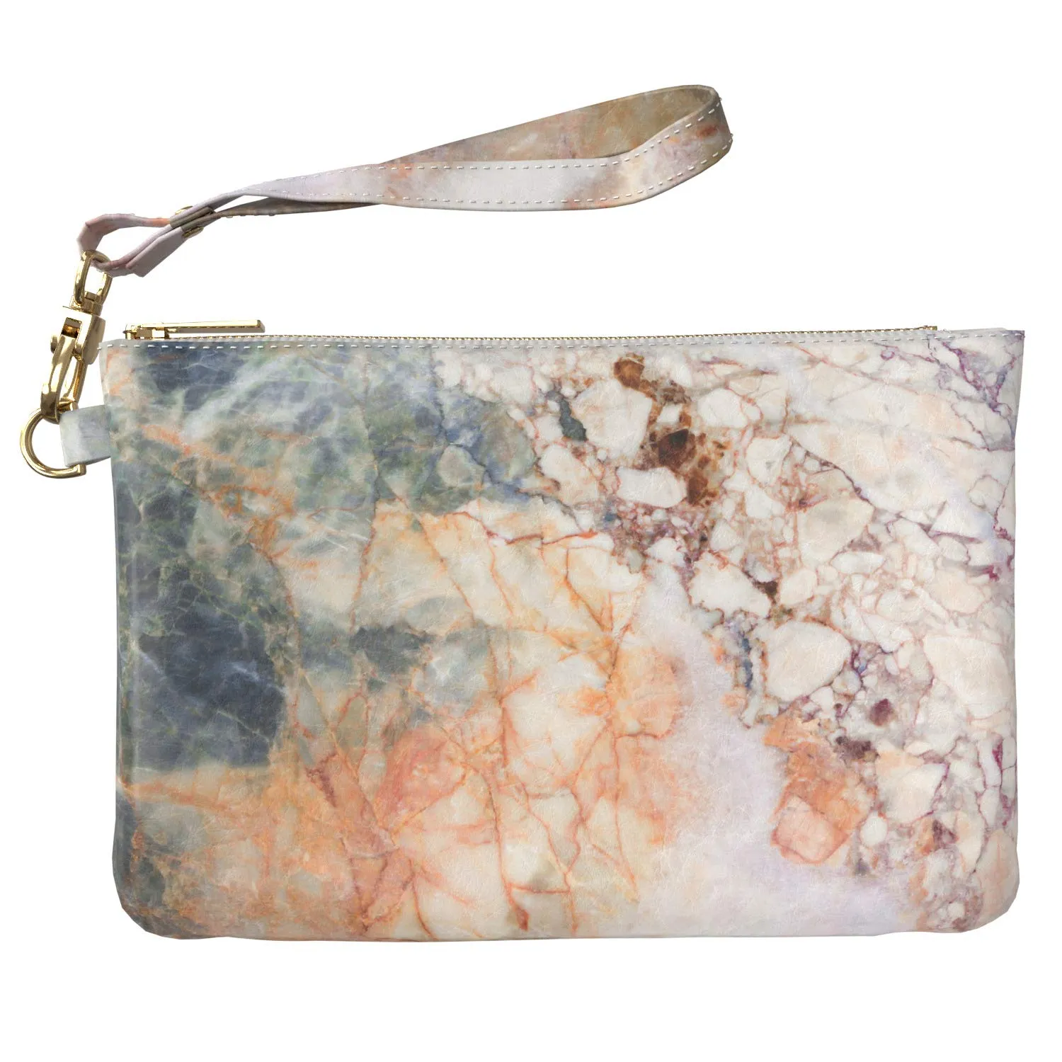Makeup Bag 9.5 x 6 inch Storage Luxury Marble Print PU Leather Toiletry Zipper Travel Case Strap Accessories Stone Purse Pouch Portable Organizer Design Trendy Cosmetic Natural White Cracked