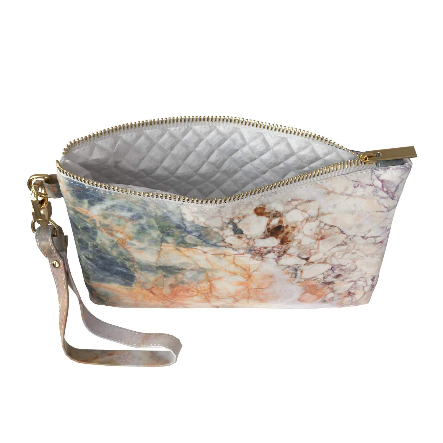 Makeup Bag 9.5 x 6 inch Storage Luxury Marble Print PU Leather Toiletry Zipper Travel Case Strap Accessories Stone Purse Pouch Portable Organizer Design Trendy Cosmetic Natural White Cracked