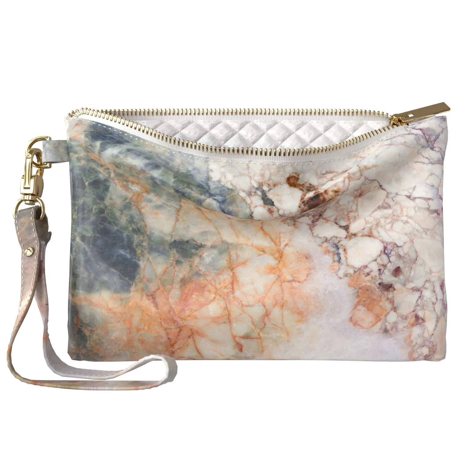 Makeup Bag 9.5 x 6 inch Storage Luxury Marble Print PU Leather Toiletry Zipper Travel Case Strap Accessories Stone Purse Pouch Portable Organizer Design Trendy Cosmetic Natural White Cracked