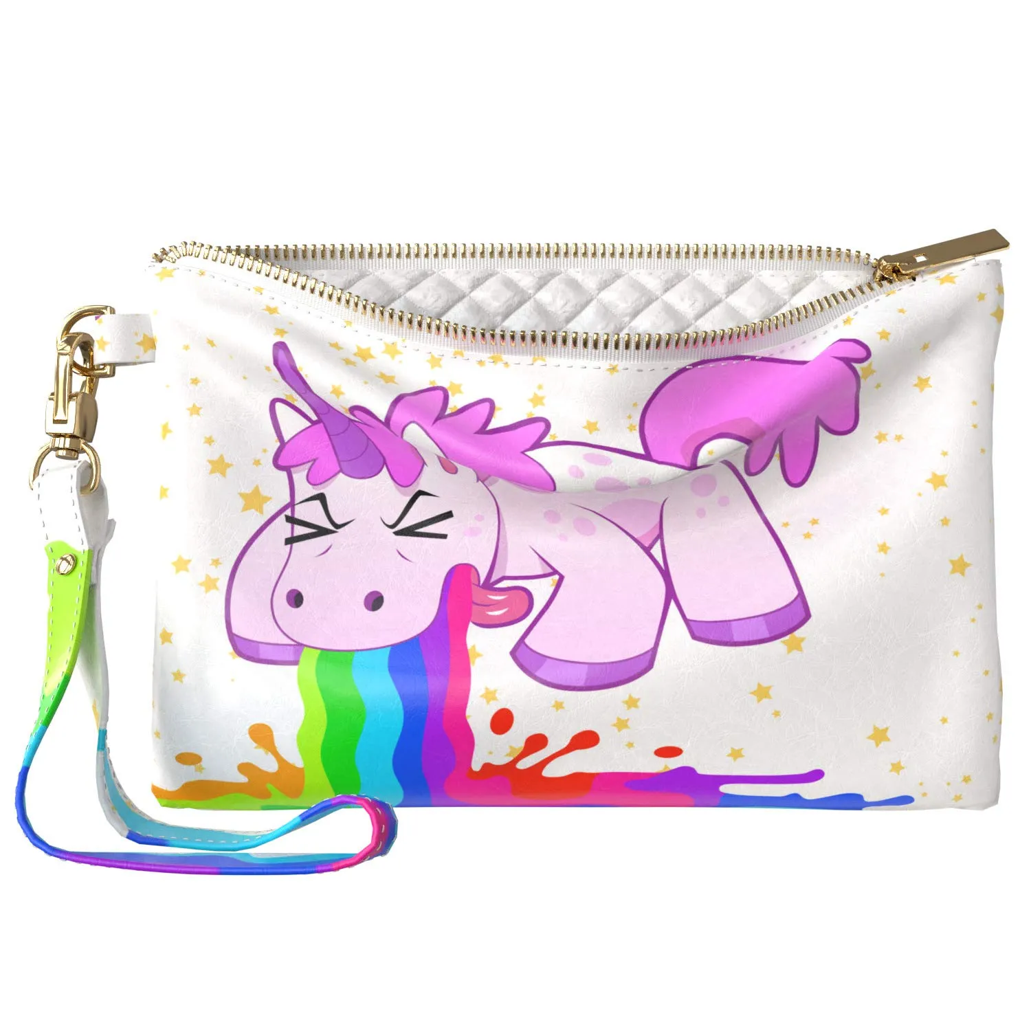 Makeup Bag 9.5 x 6 inch Storage Portable Organizer Design Unique Purse Pouch Cosmetic Strap Accessories Print PU Leather Toiletry Zipper Travel Case Rainbow Unicorn Vomiting Puke Funny Cute
