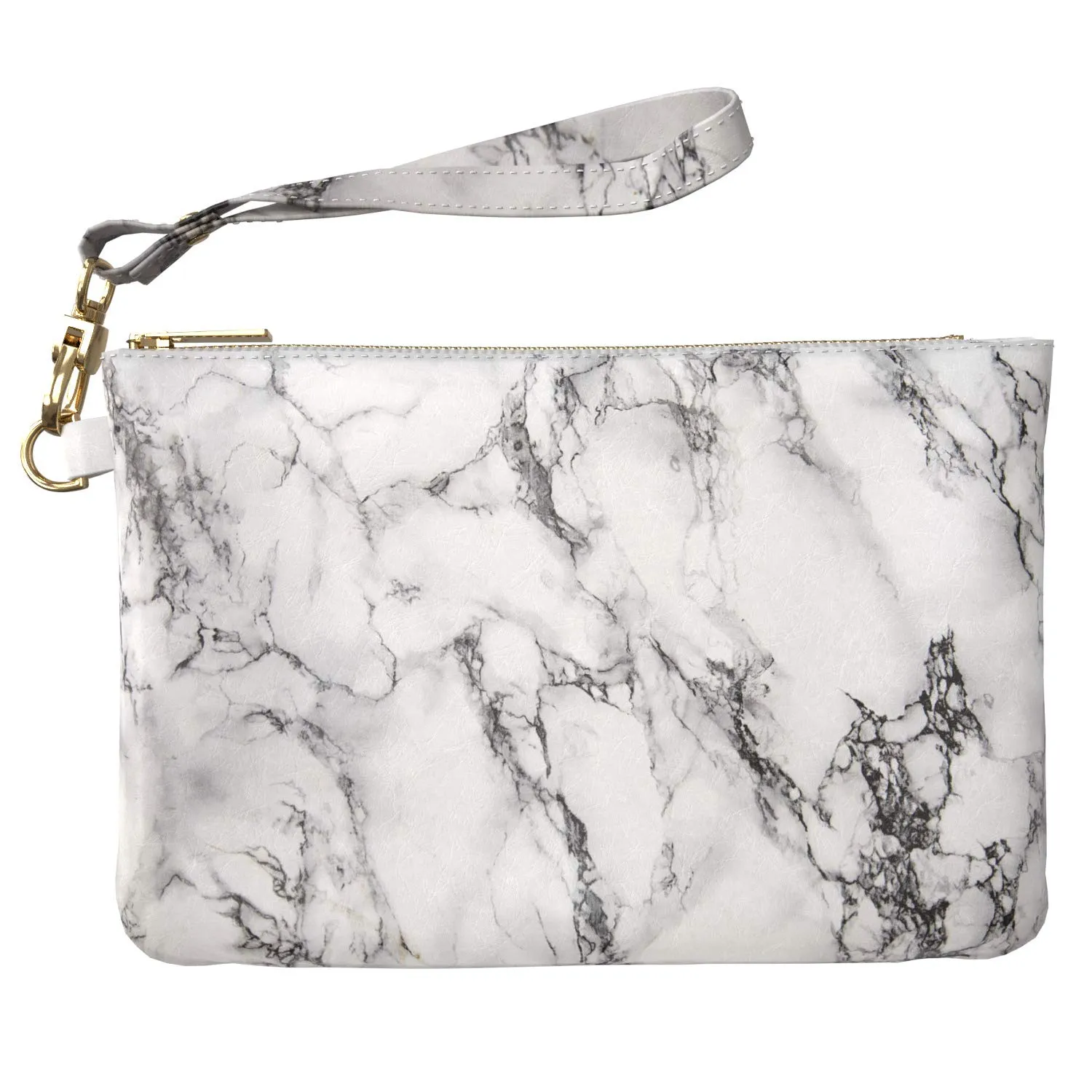 Makeup Bag 9.5 x 6 inch Trendy Cosmetic Natural Storage Strap Accessories Purse Pouch Basic Grungy Print PU Leather Toiletry Zipper Travel Case Simple Portable Organizer Design Marble Texture