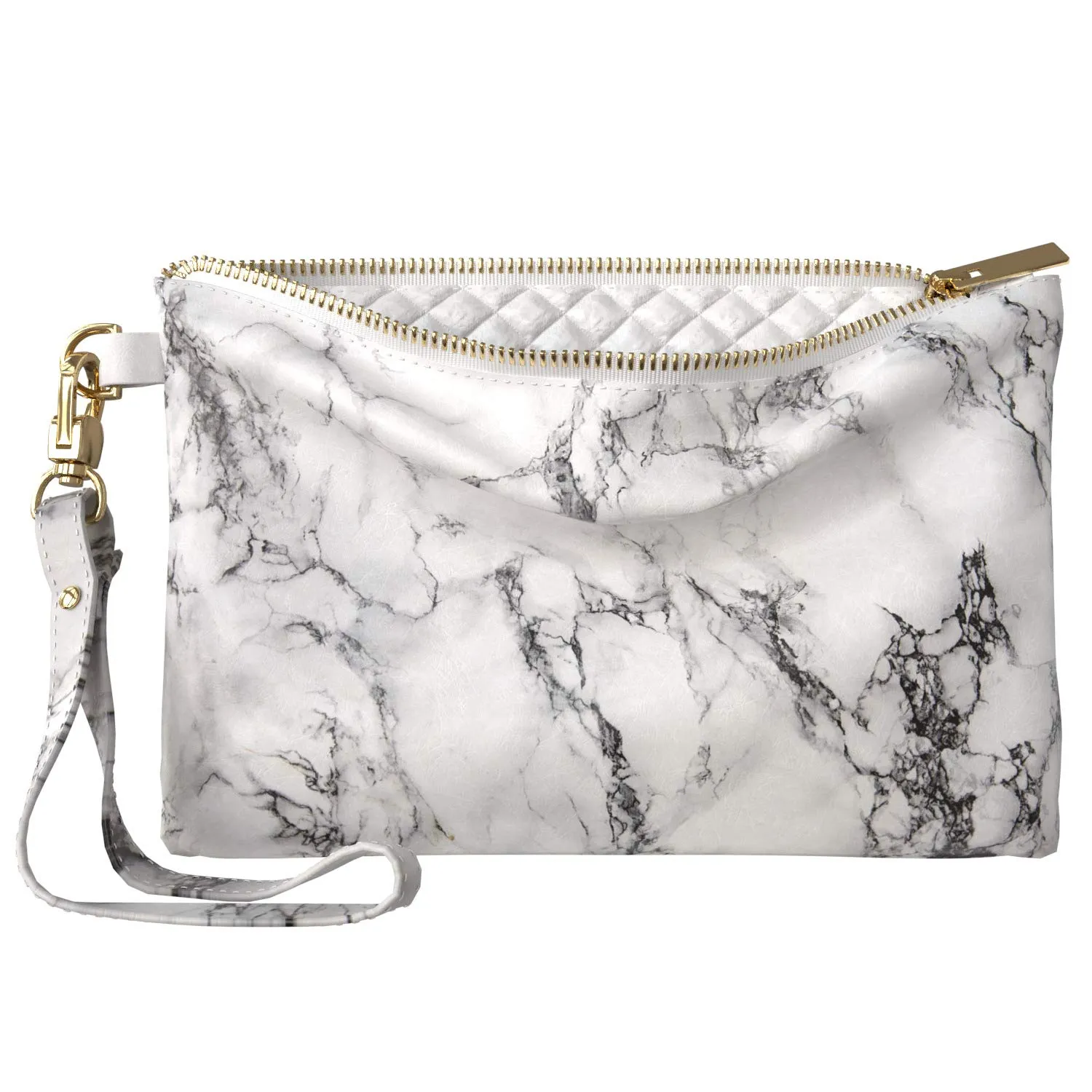 Makeup Bag 9.5 x 6 inch Trendy Cosmetic Natural Storage Strap Accessories Purse Pouch Basic Grungy Print PU Leather Toiletry Zipper Travel Case Simple Portable Organizer Design Marble Texture