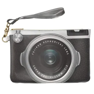 Makeup Bag 9.5 x 6 inch Vintage Black Photography Camera Storage Purse Pouch Cosmetic Strap Accessories Print PU Leather Toiletry Zipper Travel Case Retro Portable Organizer Design Fujifilm