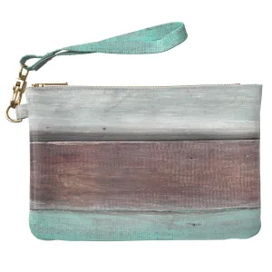 Makeup Bag 9.5 x 6 inch Wood Storage Planks Strap Accessories Print PU Leather Toiletry Zipper Travel Case Portable Organizer Design Trendy Cosmetic Weathered Paint Turquoise Purse Pouch Blue