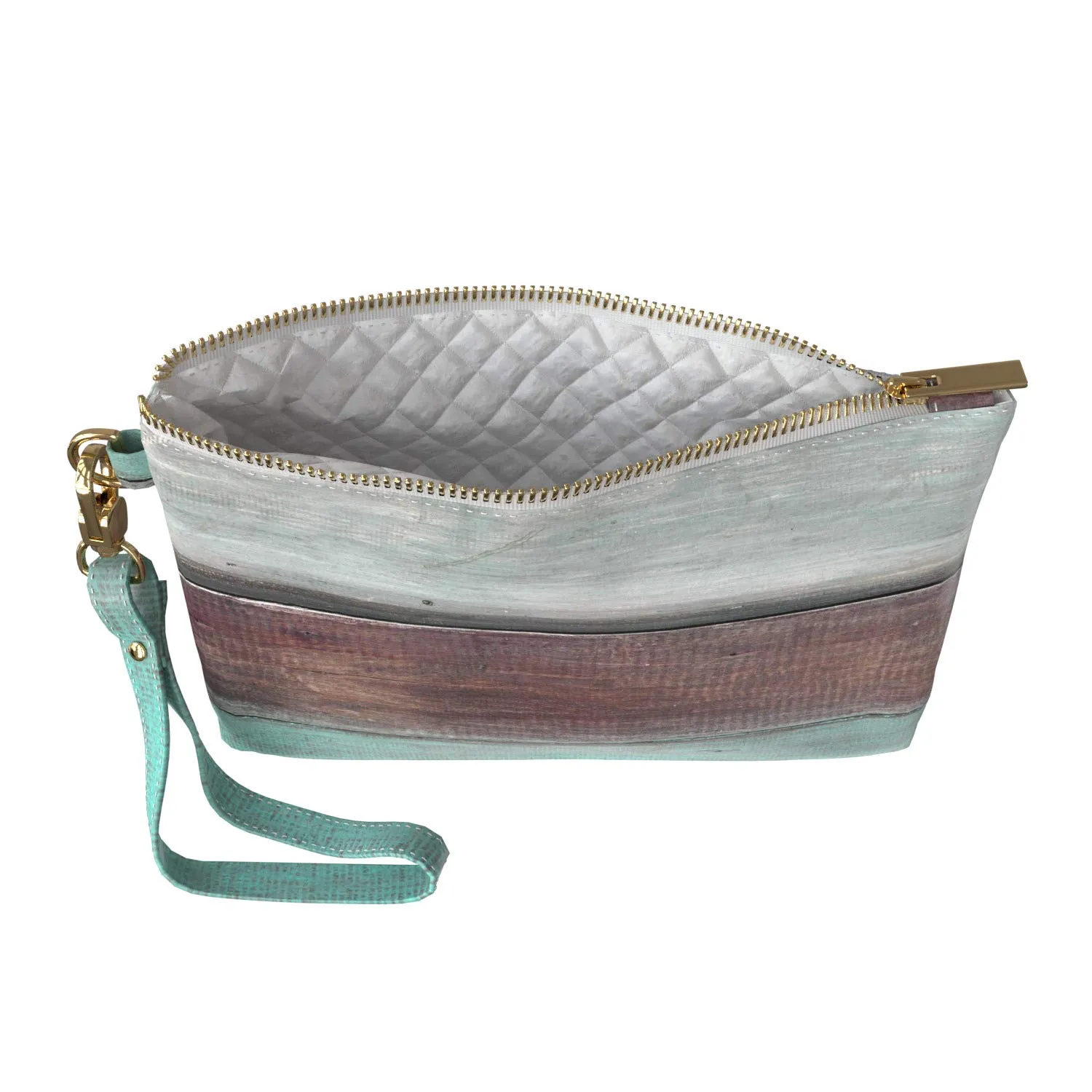 Makeup Bag 9.5 x 6 inch Wood Storage Planks Strap Accessories Print PU Leather Toiletry Zipper Travel Case Portable Organizer Design Trendy Cosmetic Weathered Paint Turquoise Purse Pouch Blue