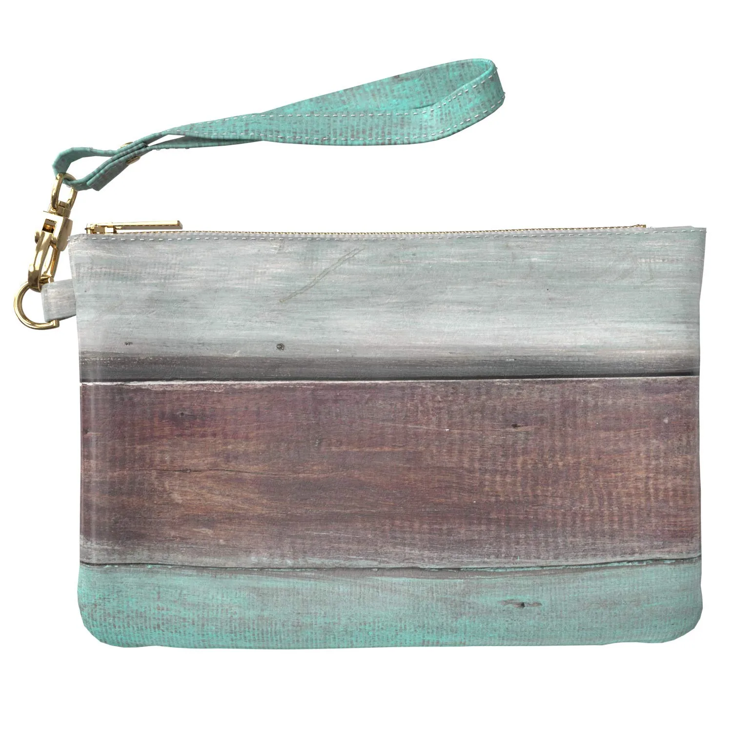 Makeup Bag 9.5 x 6 inch Wood Storage Planks Strap Accessories Print PU Leather Toiletry Zipper Travel Case Portable Organizer Design Trendy Cosmetic Weathered Paint Turquoise Purse Pouch Blue