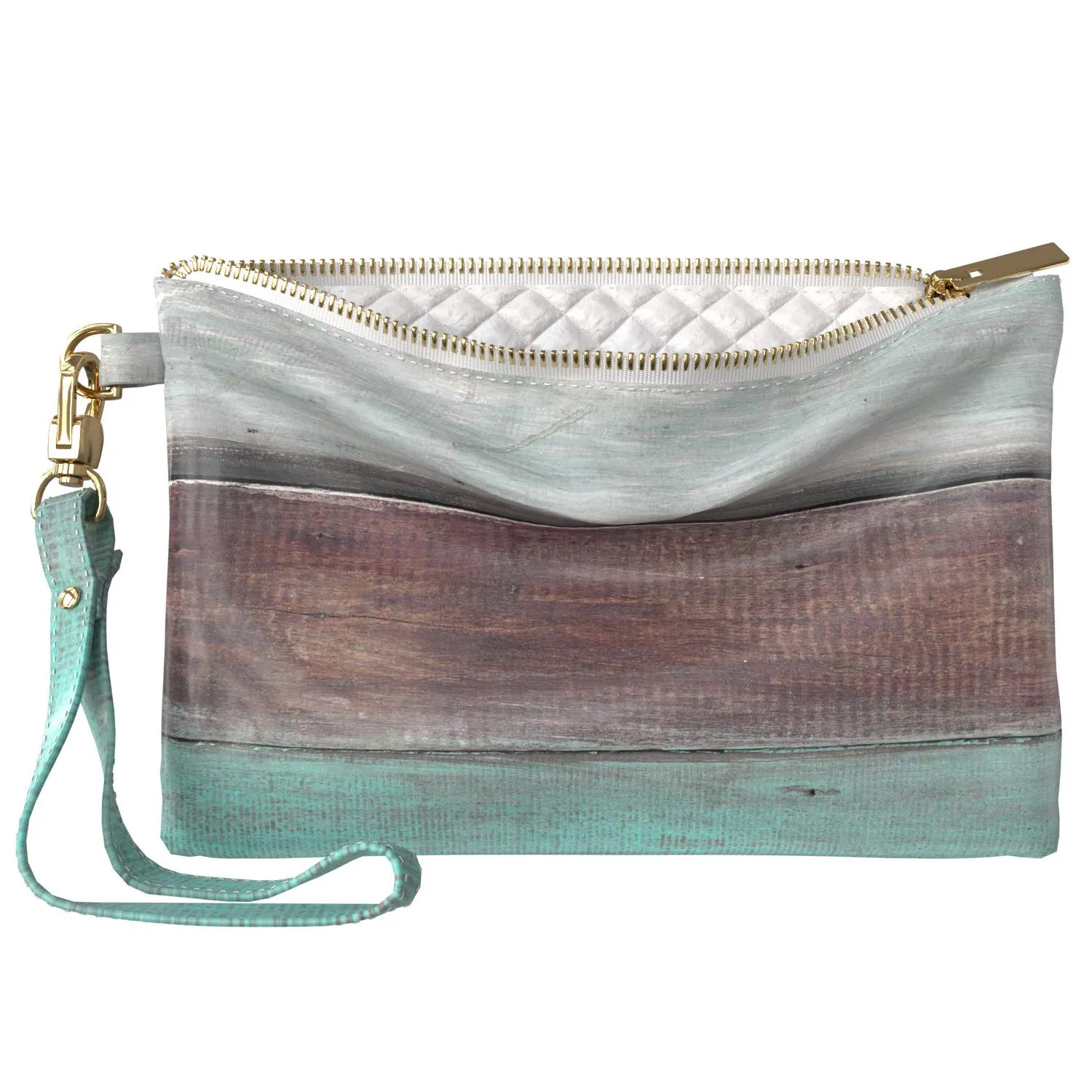 Makeup Bag 9.5 x 6 inch Wood Storage Planks Strap Accessories Print PU Leather Toiletry Zipper Travel Case Portable Organizer Design Trendy Cosmetic Weathered Paint Turquoise Purse Pouch Blue
