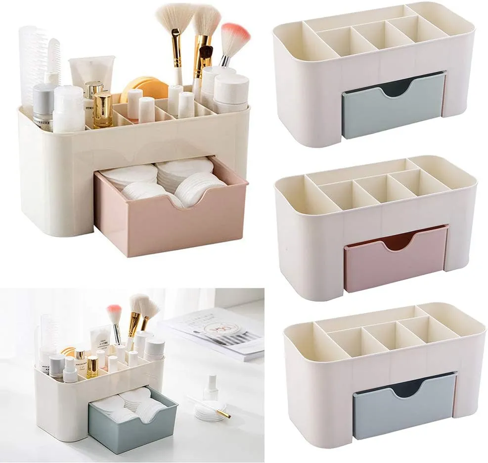 Makeup Desk Storage Box Organizer with Drawers for Dressing Table, Bathroom Counter for Brushes, Eyeshadow, Lotions, Lipstick and Nail Polish (Pink)
