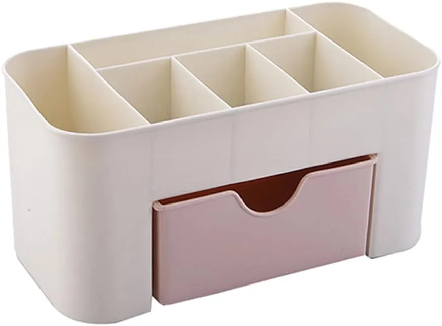 Makeup Desk Storage Box Organizer with Drawers for Dressing Table, Bathroom Counter for Brushes, Eyeshadow, Lotions, Lipstick and Nail Polish (Pink)