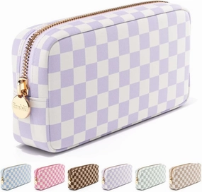 Makeup Bag Travel Cosmetics Pouch and Toiletry Bag, Nylon Zipper Pouch Purse, Cute Make Up Organizer Storage Tote for Women Girls, Travel Skincare Case, Small Makeup Case, Dusty Rose Checkered