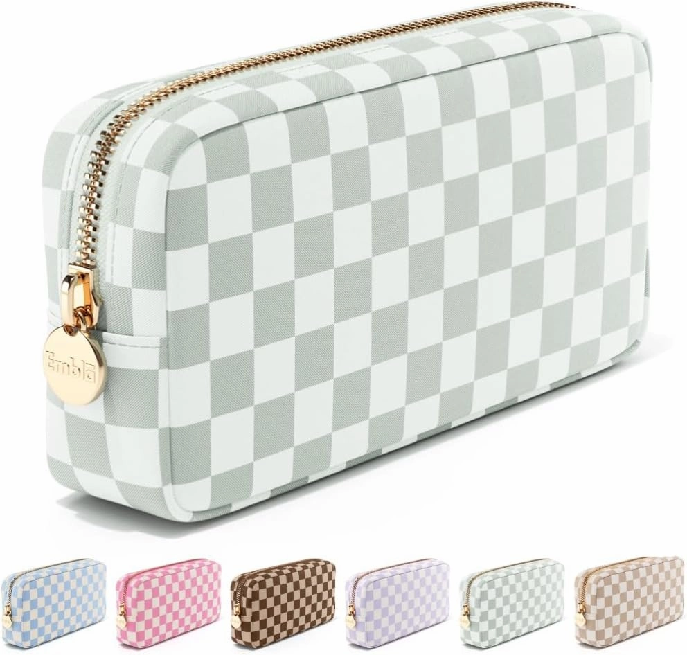 Makeup Bag Travel Cosmetics Pouch and Toiletry Bag, Nylon Zipper Pouch Purse, Cute Make Up Organizer Storage Tote for Women Girls,Travel Skincare Case, Small Makeup Case, Mint Green Checkered