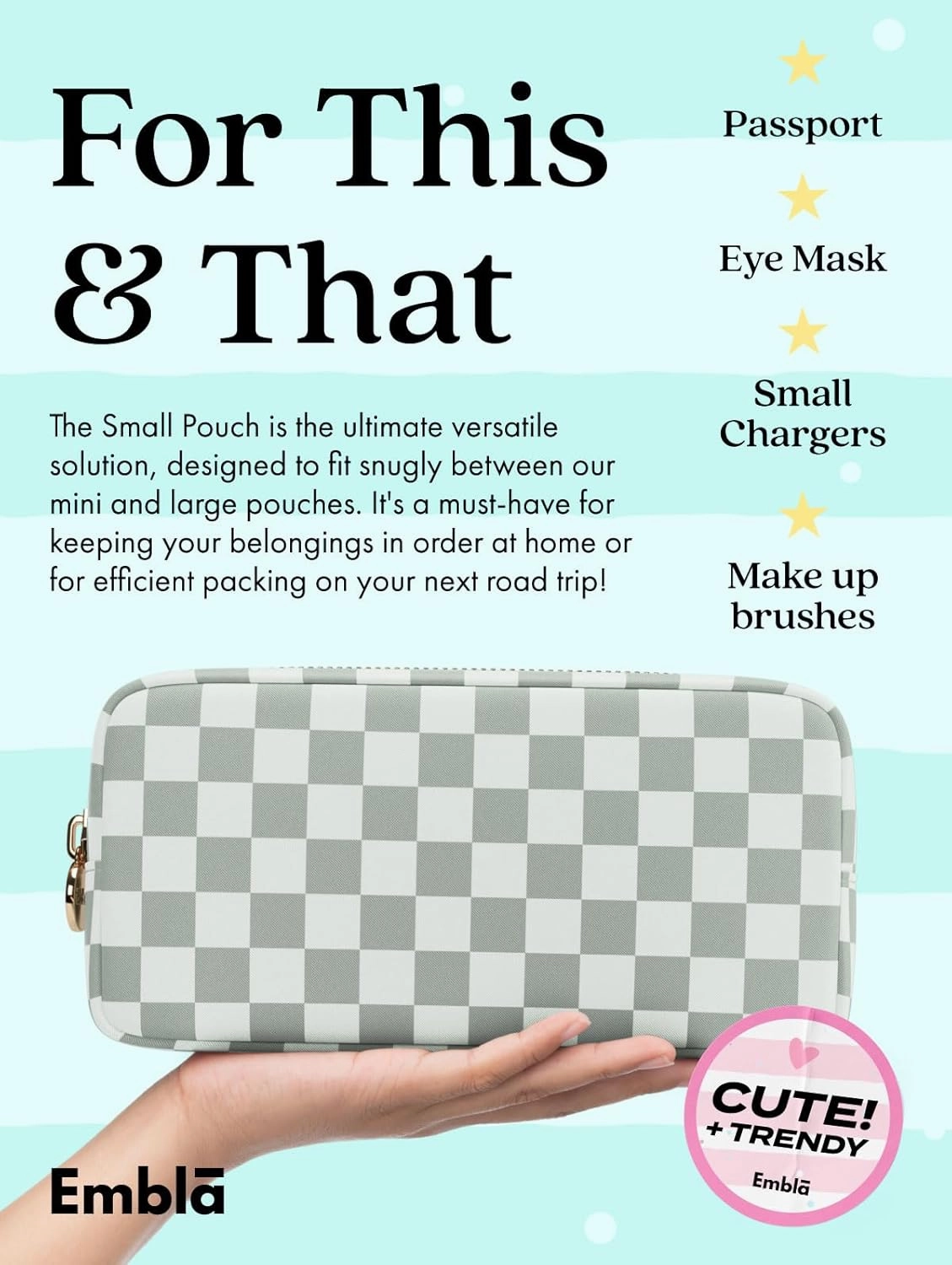 Makeup Bag Travel Cosmetics Pouch and Toiletry Bag, Nylon Zipper Pouch Purse, Cute Make Up Organizer Storage Tote for Women Girls,Travel Skincare Case, Small Makeup Case, Mint Green Checkered