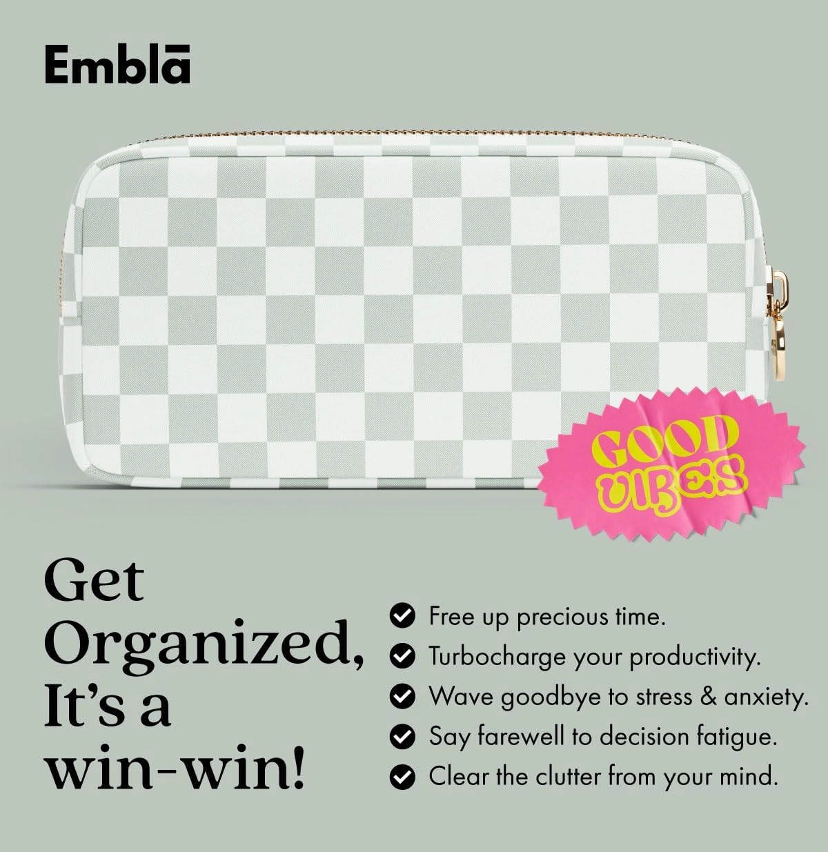 Makeup Bag Travel Cosmetics Pouch and Toiletry Bag, Nylon Zipper Pouch Purse, Cute Make Up Organizer Storage Tote for Women Girls,Travel Skincare Case, Small Makeup Case, Mint Green Checkered