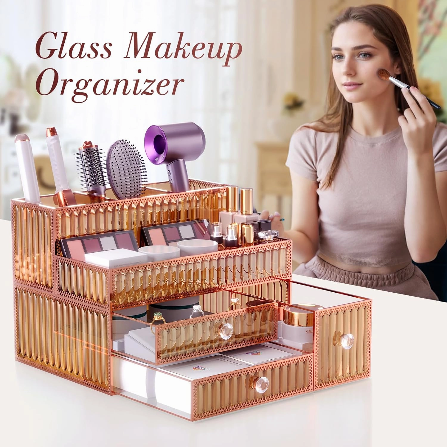 Makeup Organizer Golden- Tempered Glass Vanity Organizer for Cosmetics, Skincare, Hair Tools, Brushes, Perfume - Multipurpose Bathroom Counter Skincare Organizer