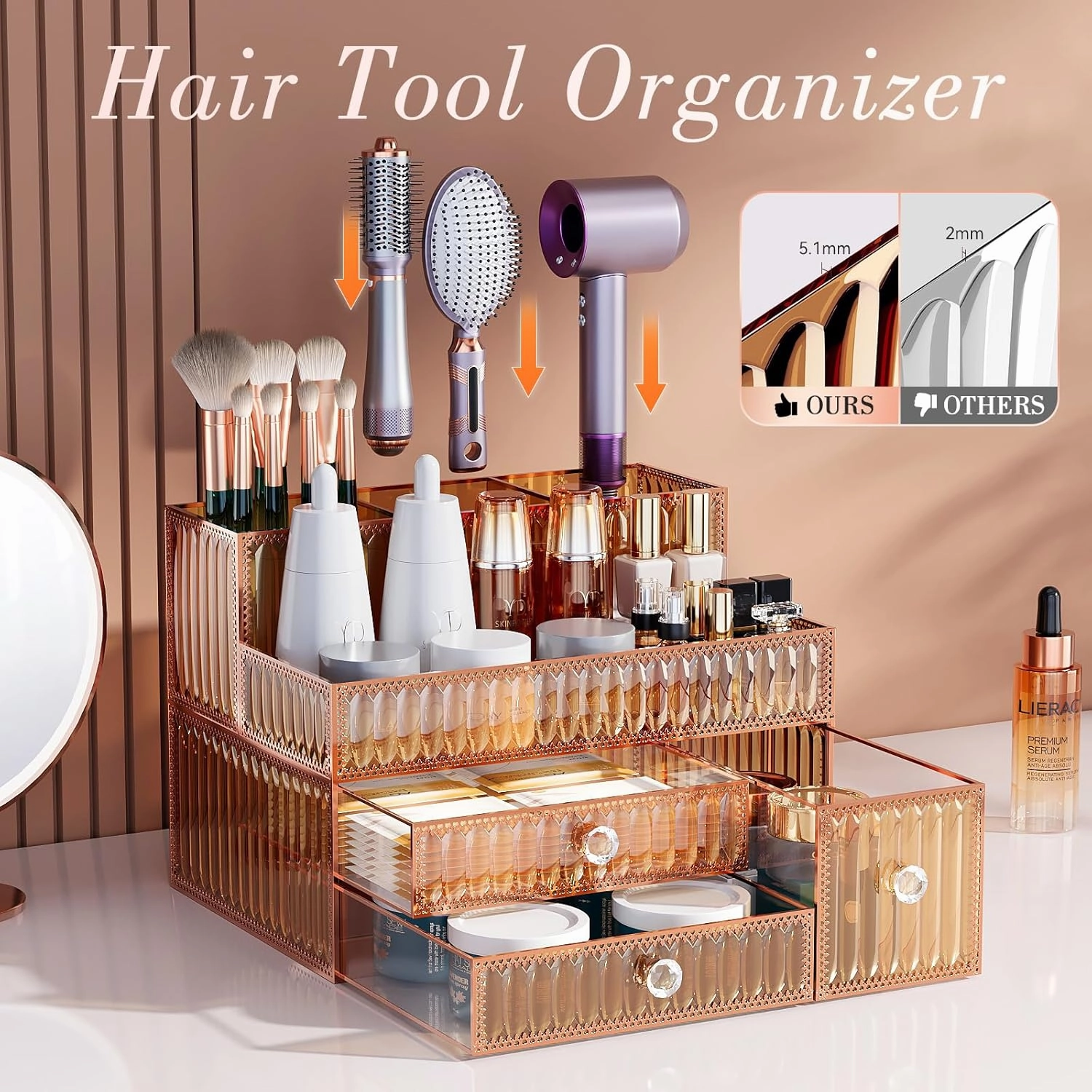 Makeup Organizer Golden- Tempered Glass Vanity Organizer for Cosmetics, Skincare, Hair Tools, Brushes, Perfume - Multipurpose Bathroom Counter Skincare Organizer