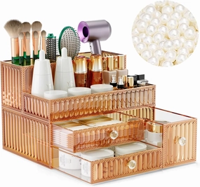 Makeup Organizer Golden- Tempered Glass Vanity Organizer for Cosmetics, Skincare, Hair Tools, Brushes, Perfume - Multipurpose Bathroom Counter Skincare Organizer