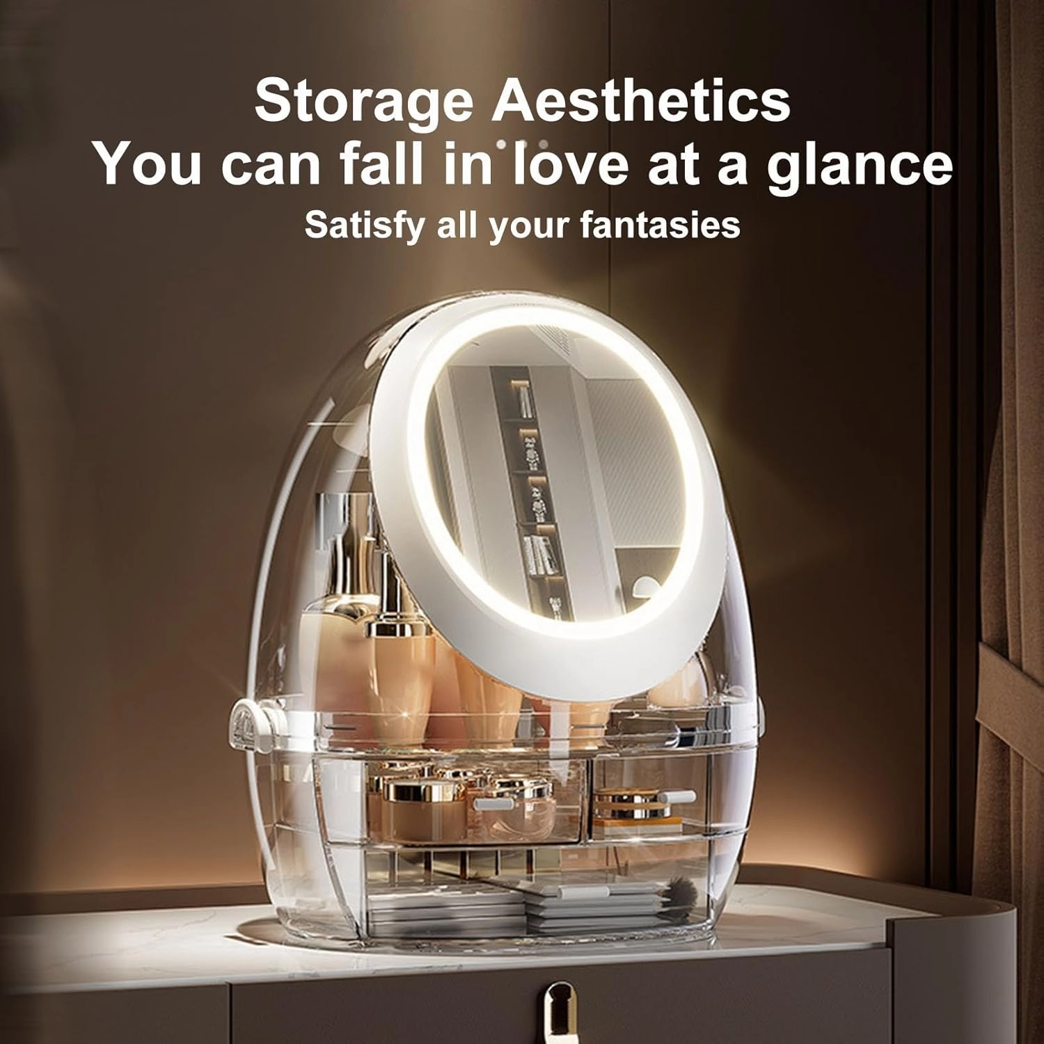Makeup Organizer,Skincare Organizers,Makeup Storage Organizer Box,Cosmetic Storage Box with Rotation Mirror Transparent,Capacity LED Light Dutsproof USB Charging for Bedroom A