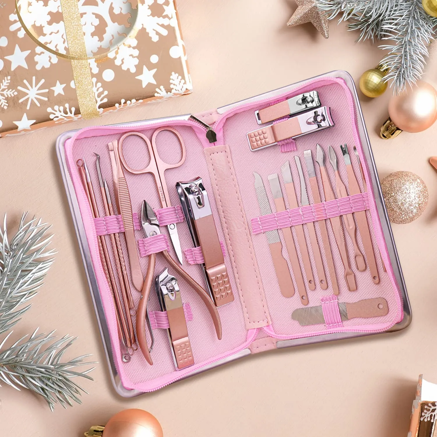 Manicure Set Professional Nail Manicure Kit for Women, 21 in 1 Manicure Kit Pedicure Kit Stainless Steel Nail Clipper Kit Nail Care Kit Travel- Pink