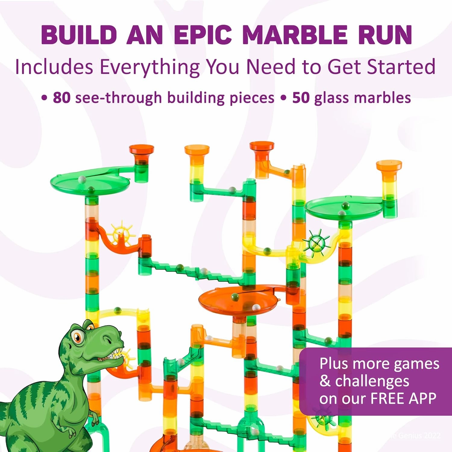 Marble Genius Marble Run Starter Set STEM Toy for Kids Ages 4-12 - 130 Complete Pieces (80 Translucent Marbulous Pieces and 50 Glass Marbles), Construction Building Block Toys, Theme (Dinosaur)