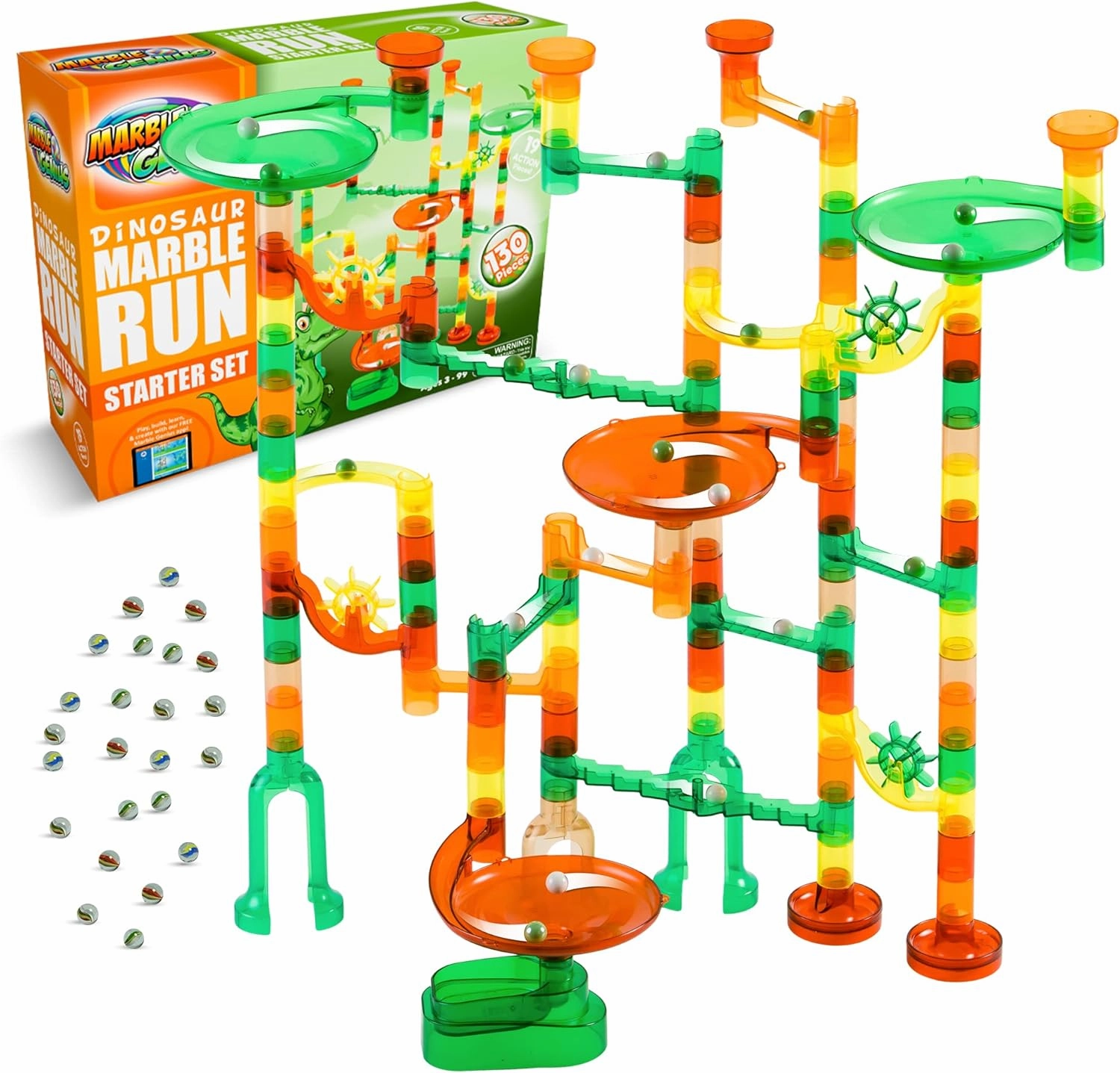 Marble Genius Marble Run Starter Set STEM Toy for Kids Ages 4-12 - 130 Complete Pieces (80 Translucent Marbulous Pieces and 50 Glass Marbles), Construction Building Block Toys, Theme (Dinosaur)