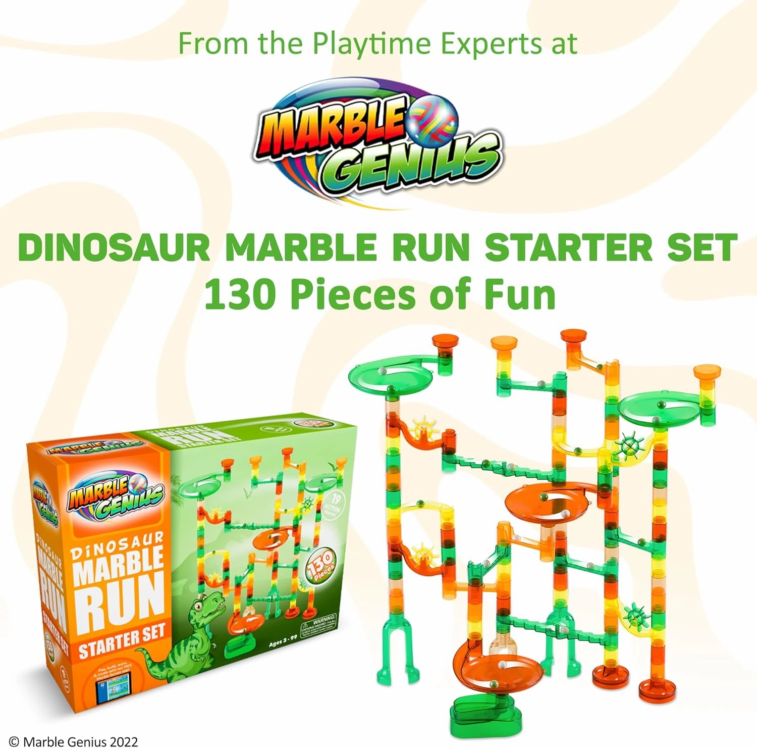 Marble Genius Marble Run Starter Set STEM Toy for Kids Ages 4-12 - 130 Complete Pieces (80 Translucent Marbulous Pieces and 50 Glass Marbles), Construction Building Block Toys, Theme (Dinosaur)