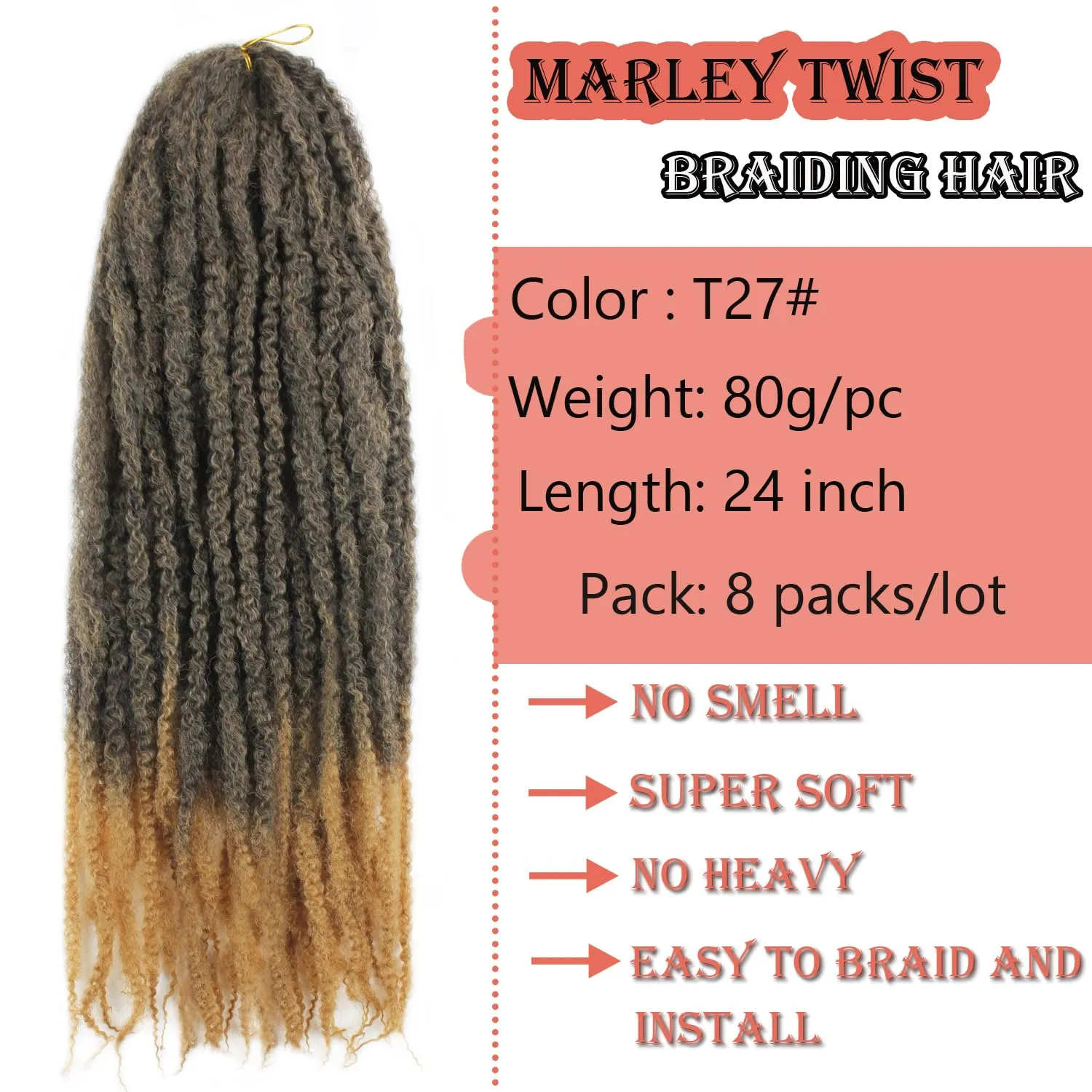 Marley Twist Braiding Hair 24 Inch Marley Twist Hair Long Cuban Twist Hair 8 Packs Afro Kinky Curly Twist Crochet Hair Synthetic Marley Hair Extensions (24 Inch 8packs, T27)