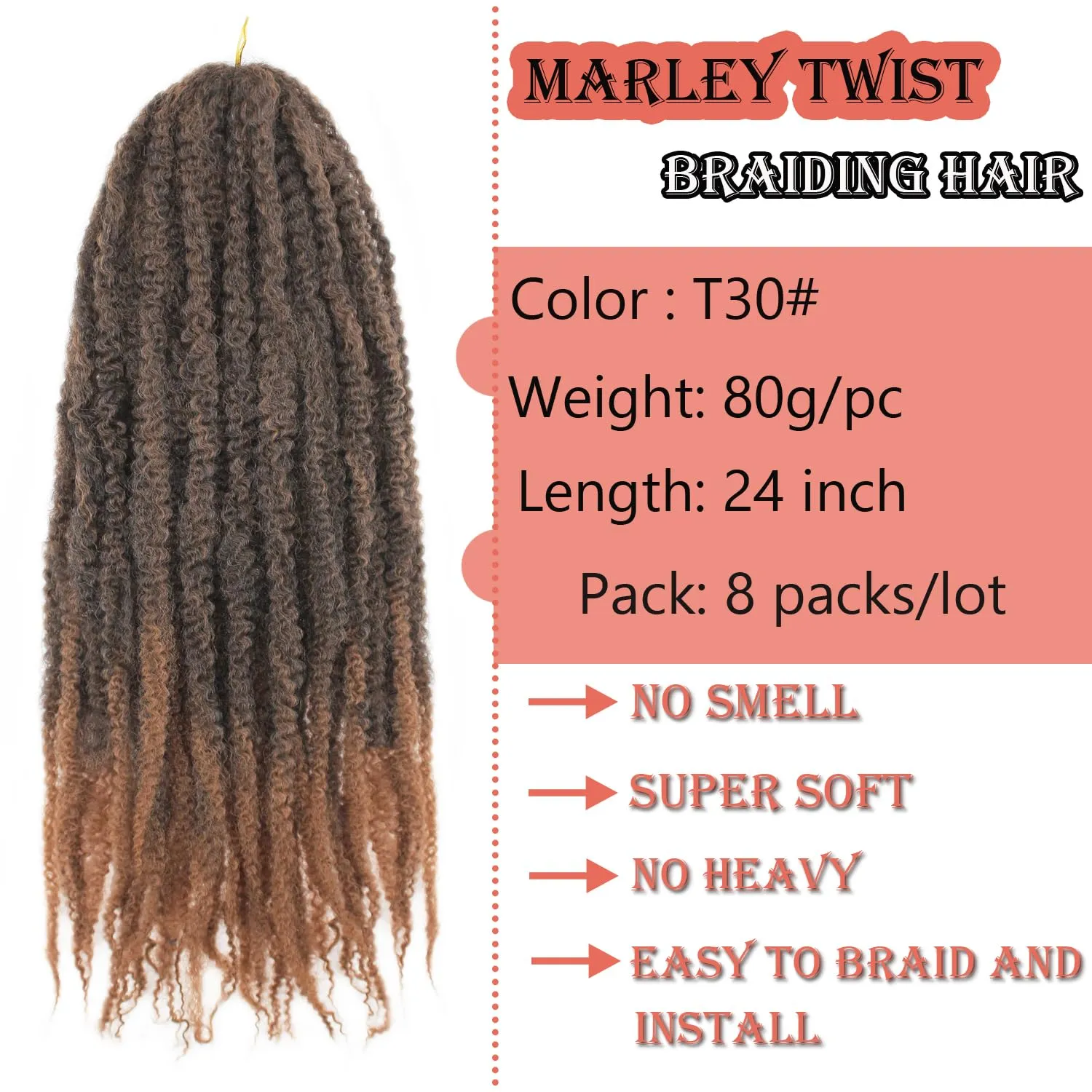 Marley Twist Braiding Hair 24 Inch Marley Twist Hair Long Cuban Twist Hair 8 Packs Afro Kinky Curly Twist Crochet Hair Synthetic Marley Hair Extensions (24 Inch 8packs, T30)