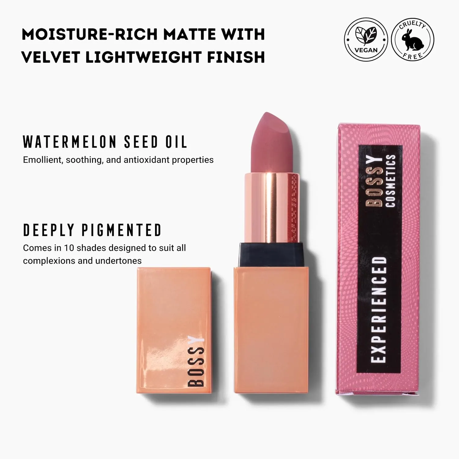 Matte, Long Lasting, Hydrating Vegan Lipstick with Vitamin E and Watermelon Seed Oil (Experienced- Light Pink/Purple Color)