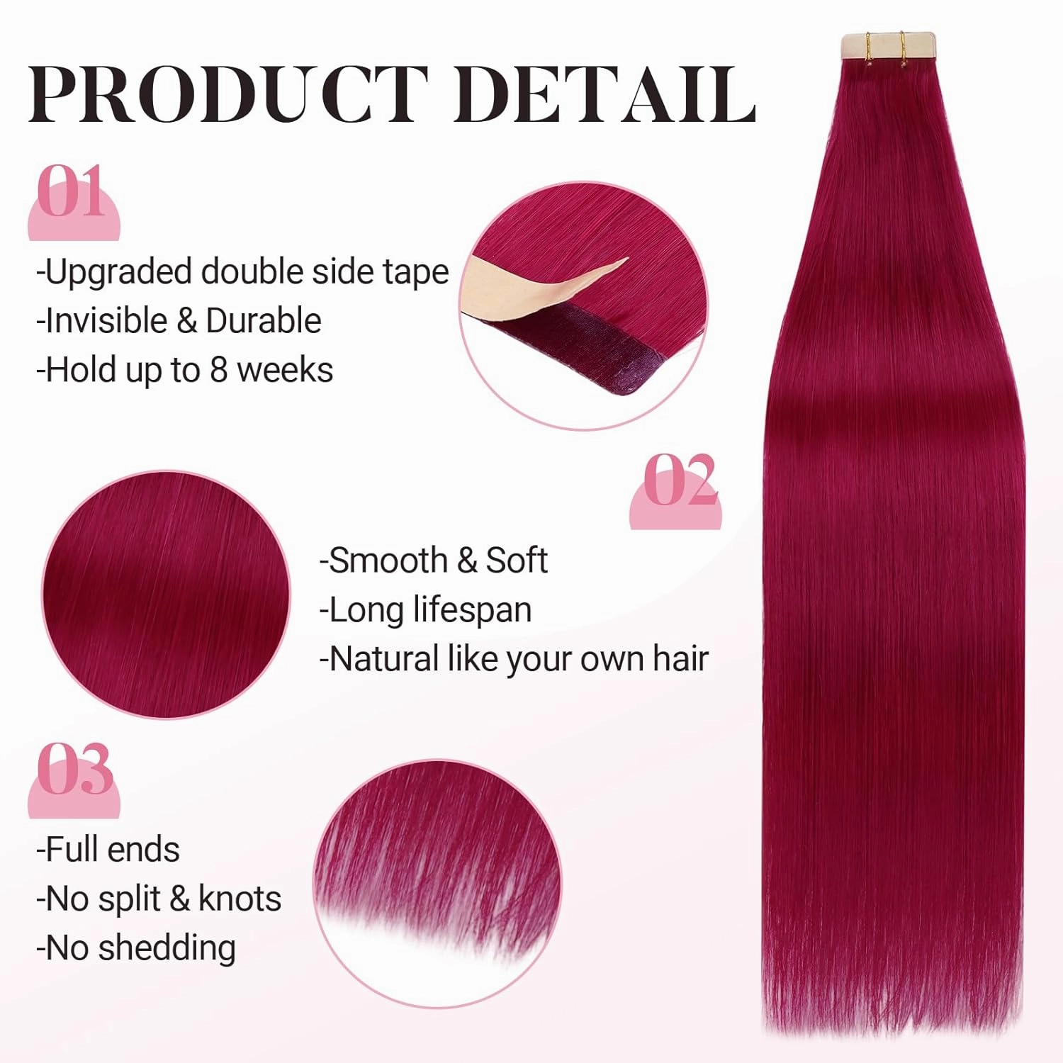 MAXITA Tape in Hair Extensions Human Hair Burgundy Red Tape in Extensions 10pcs 25g 16 Inch Colored Invisible Real Human Hair Extension Soft Straight Wine Red Glue in Hair Burgundy Hair Extensions