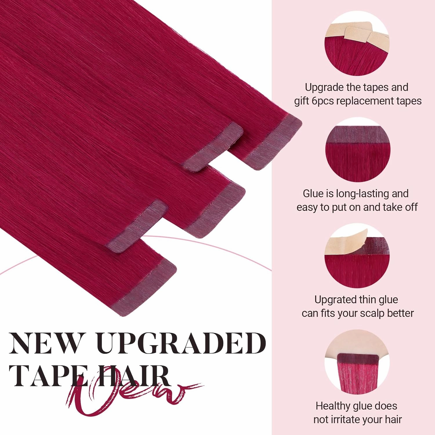 MAXITA Tape in Hair Extensions Human Hair Burgundy Red Tape in Extensions 10pcs 25g 16 Inch Colored Invisible Real Human Hair Extension Soft Straight Wine Red Glue in Hair Burgundy Hair Extensions