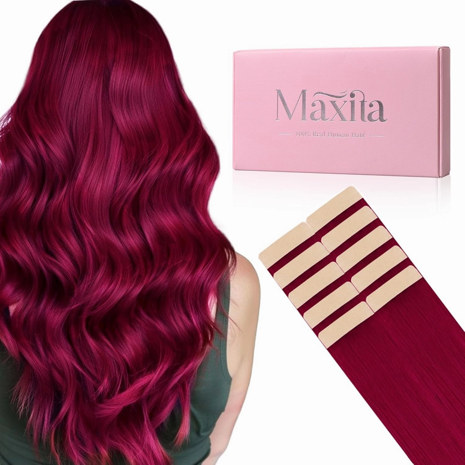 MAXITA Tape in Hair Extensions Human Hair Burgundy Red Tape in Extensions 10pcs 25g 16 Inch Colored Invisible Real Human Hair Extension Soft Straight Wine Red Glue in Hair Burgundy Hair Extensions