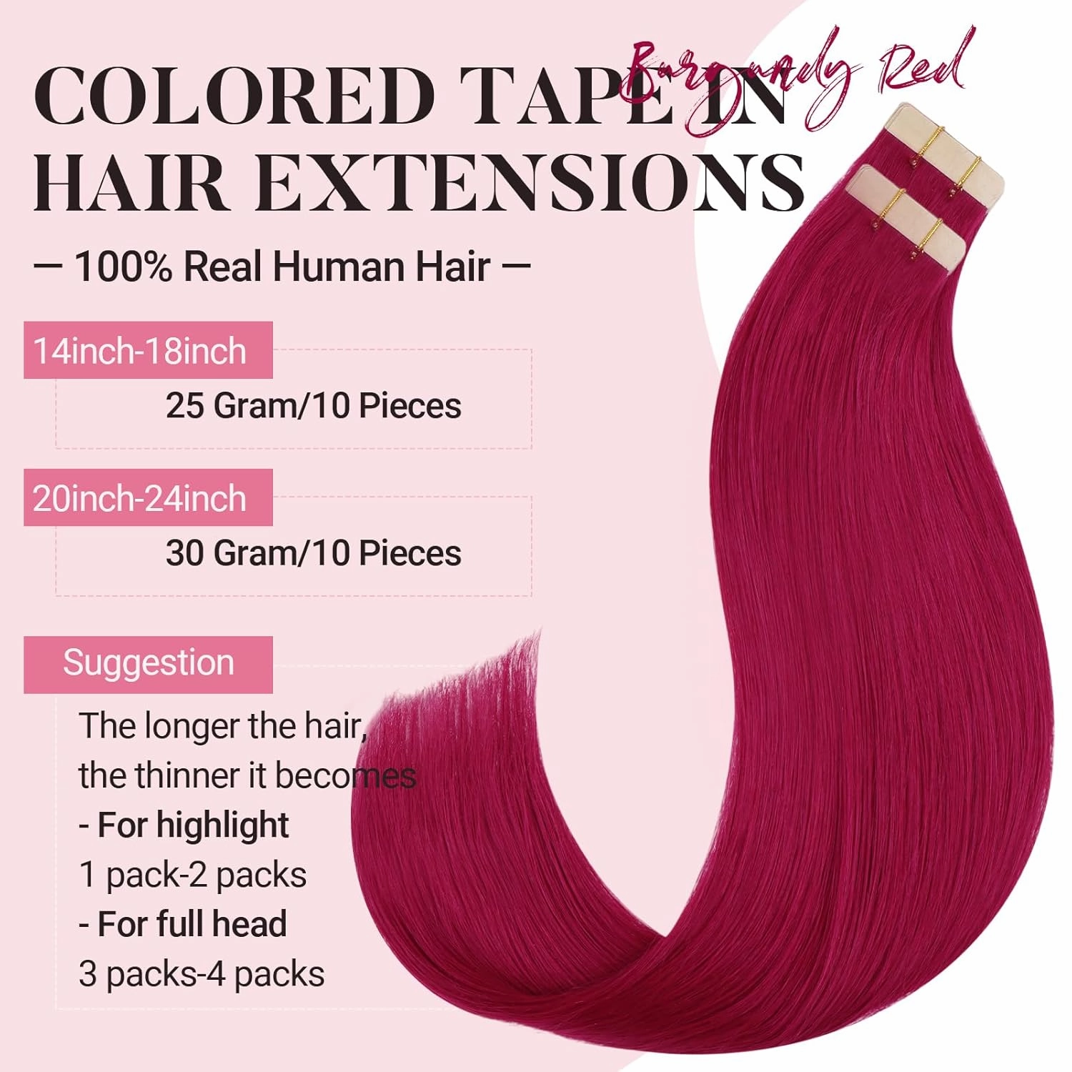 MAXITA Tape in Hair Extensions Human Hair Burgundy Red Tape in Extensions 10pcs 25g 16 Inch Colored Invisible Real Human Hair Extension Soft Straight Wine Red Glue in Hair Burgundy Hair Extensions