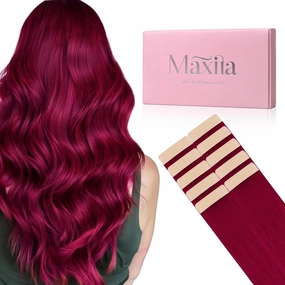 MAXITA Tape in Hair Extensions Human Hair Burgundy Red Tape in Extensions 10pcs 25g 16 Inch Colored Invisible Real Human Hair Extension Soft Straight Wine Red Glue in Hair Burgundy Hair Extensions