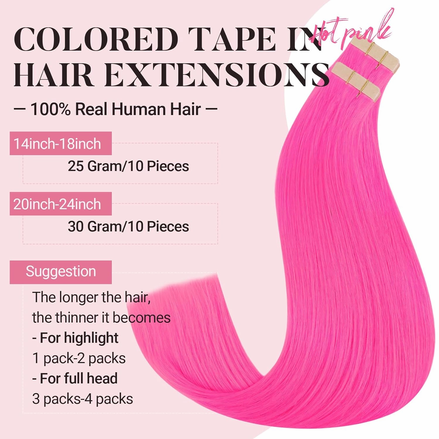 MAXITA Tape in Hair Extensions Human Hair Hot Pink Tape in Extensions 10pcs 25g 16inch Colored Invisible Real Human Hair Extension Soft Straight Wine Red Glue in Hair Extensions