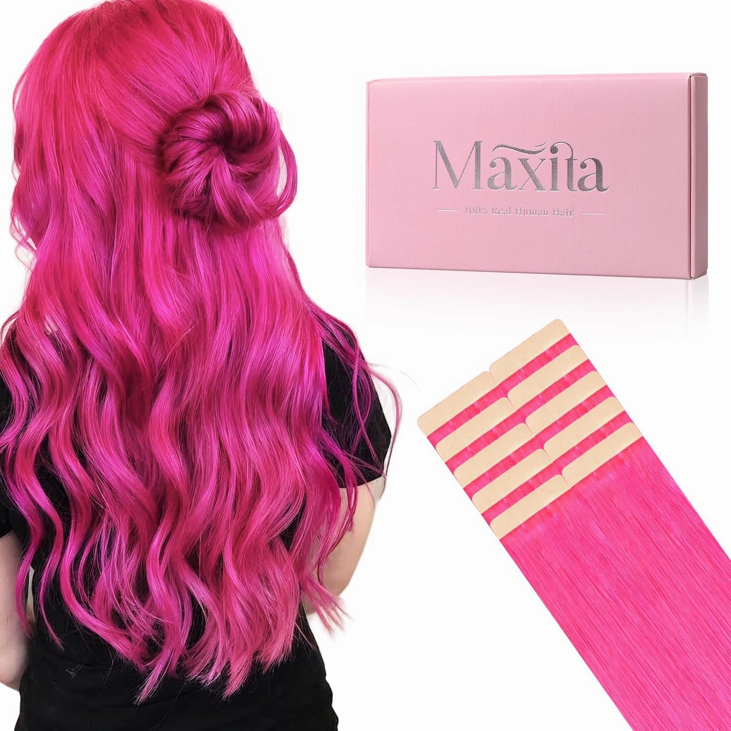MAXITA Tape in Hair Extensions Human Hair Hot Pink Tape in Extensions 10pcs 25g 16inch Colored Invisible Real Human Hair Extension Soft Straight Wine Red Glue in Hair Extensions