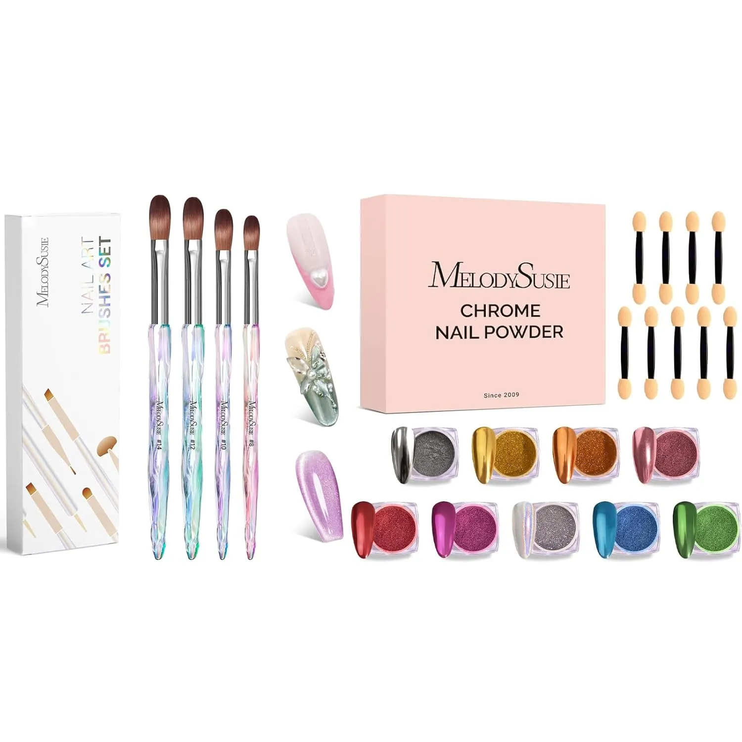 MelodySusie 4Pcs Acrylic Nail Brush Set MelodySusie 9Pcs Chrome Nail Powder for Gel Nails